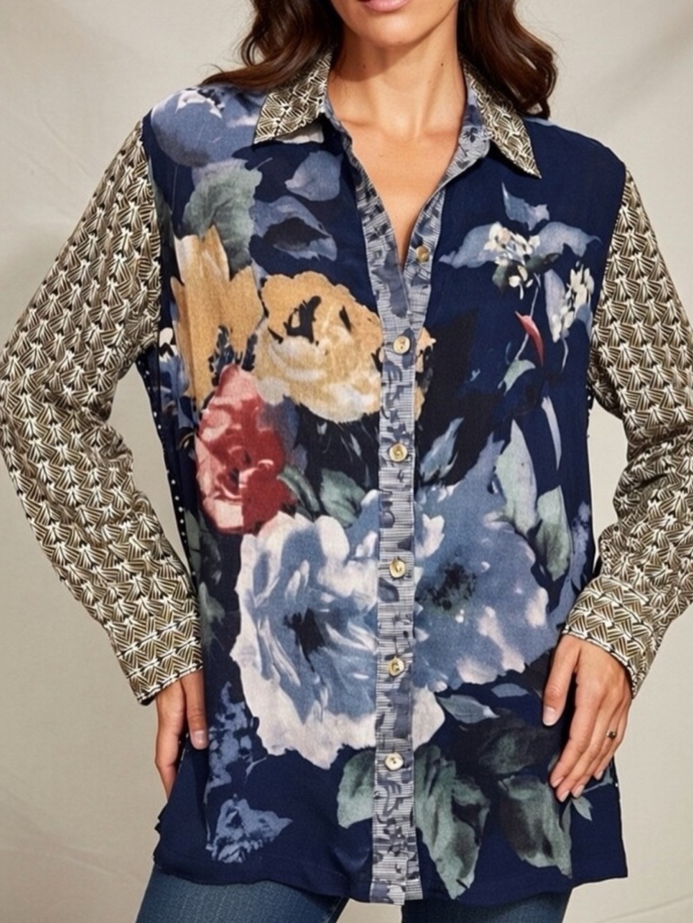 John Mark Navy Floral & Patterned Sleeve Button-Down Tunic Shirt